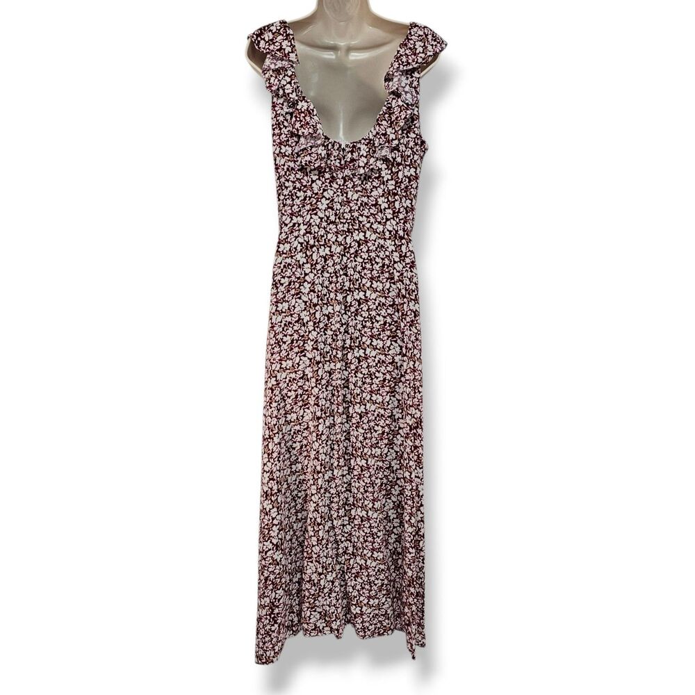 Madewell Women's Emma Floral Burgundy Ruffled Scoopneck Maxi Dress Size 10 - Picture 4 of 8